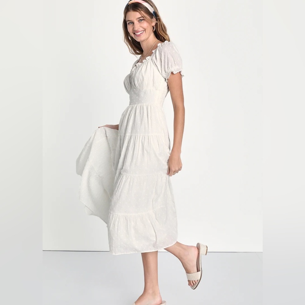 Lulus Darling Outlook White Lurex Swiss Dot Puff Sleeve Midi Dress